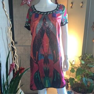 GUSTO LOWXURY peacock red pink silk blend sequin beaded mini dress
